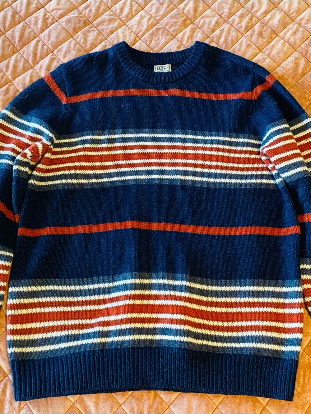 NWT L.L. Bean Men’s Navy Striped Crewneck Sweater with Red and White Bands XXLT